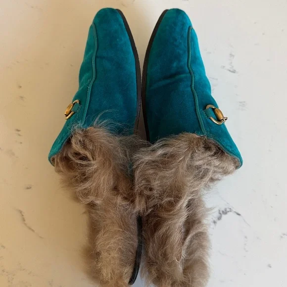 Gucci Princetown Fur Mules Color Teal Velvet Horsebit Slides Womens Size 36.5 - Picture 9 of 16